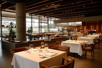 Upscale Restaurant Interior with Modern Decor Tables & Contemporary Wood Furniture