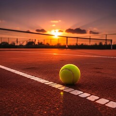 A vibrant tennis ball rests on the court line at sunset, bathed in warm golden hues.