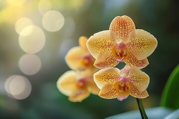 Vibrant Yellow Moth Orchids with Red Spots on Blurred Background Blooming Beauty