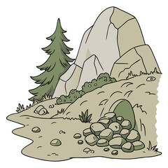 Cartoon grey stone and rock clipart, 3D boulders and pebbles, a pile of rubble and debris, isolated natural landscape elements, and mountain cliff and rocky terrain design. Vector set