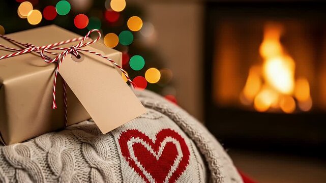 Gift box with a blank tag on a knitted garment with a red heart pattern set against blurred holiday lights and a warm fireplace