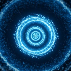 A deep-space, light-blue, circular digital design with concentric rings and particles, creating a captivating, futuristic effect.