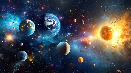 Vivid Galaxy with Earth, Fiery Planets, Asteroids, and Distant Stars in Deep Space