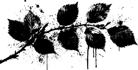 Black ink grunge silhouette of branch with leaves for urban art design