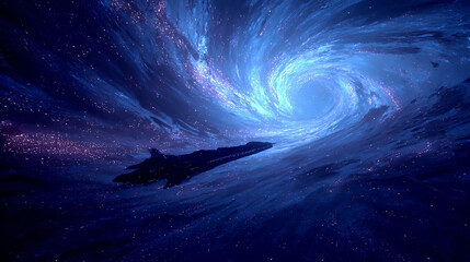 Spaceship flying through a cosmic wormhole with stars and nebula clouds