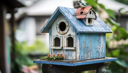 Weathered Blue Birdhouse with Bird Figurine on Roof in Outdoor Garden