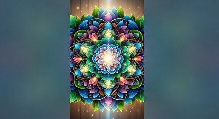 Vibrant mandala design with intricate floral details and glowing accents, showcasing a rich array of colors against a soft background.