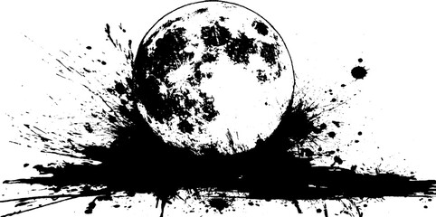 Black ink grunge silhouette of full moon with splatter effect for urban art design