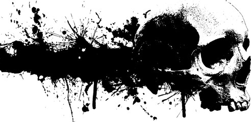 Black ink grunge silhouette of human skull with splatter effect