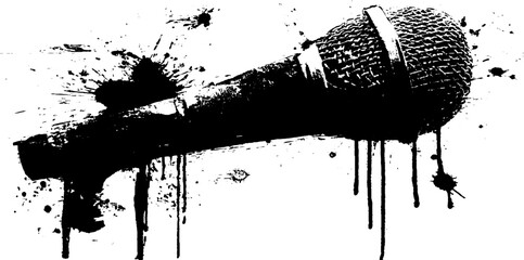 Black ink silhouette of microphone with grunge splatter for urban art design