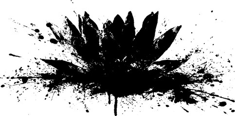 Black ink grunge silhouette of lotus flower with splattered splatters for urban art design
