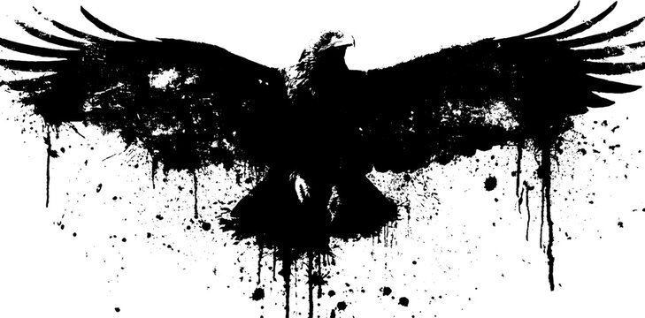 Majestic eagle silhouette with black ink grunge and splatter effect