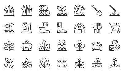 Fototapeta premium Collection of outline vector icons representing gardening, planting, soil care, landscaping, and farming tools for nature and eco design