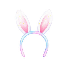 Colorful watercolor bunny ear headband with pink polka dot design, cut out