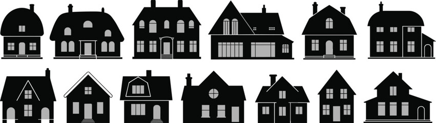 Vector illustration of black silhouettes of various houses and buildings, perfect for real estate, architecture, and urban planning projects.