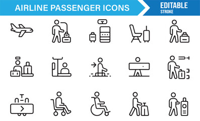 Editable vector icons of passenger activities at airport terminals and during air travel