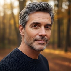 A mature man with gray hair and a beard, warmly smiling outdoors in autumnal light.