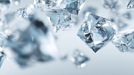 Abstract close up of many sparkling ice cubes floating in a softly blurred light blue background