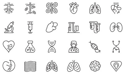 Fototapeta premium Minimal line icons collection of biology, health research, hospital equipment, organs, and treatment illustrations