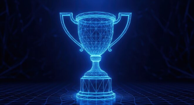 Digital Holographic Trophy Rendered in Blue Futuristic Wireframe