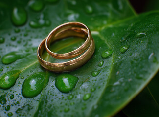 A pair of golden beautiful wedding rings resting on the edge of an emerald green leaf, surrounded by water droplets