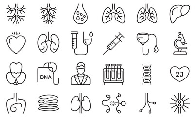 Collection of outline medical icons showing organs, cells, syringe, stethoscope, lab tools, and DNA for healthcare and biology design