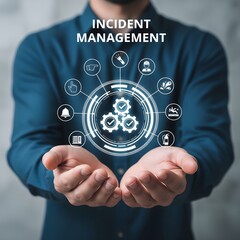 Man holding digital interface showing incident management process and workflow icons