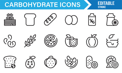 Outline food icons representing carbohydrate sources like grains, bakery, and desserts