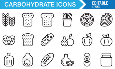 Minimal carbohydrate icon set featuring bread, pasta, sweets, and fruit illustrations