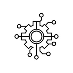 Gear and circuit illustration in black and white on transparent background