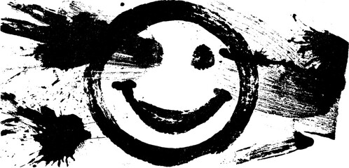 Grunge acid rave ink silhouette with smiley face for urban poster design