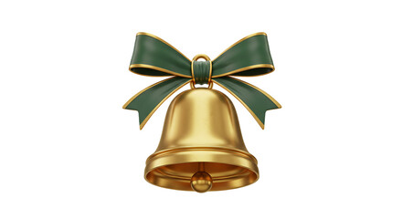 3D Golden Christmas Bell with Elegant Green Ribbon Bow, Transparent Background