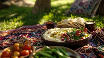 Fototapeta premium Hummus and salad platter on a picnic blanket.