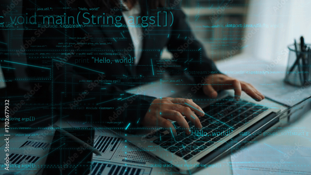Wall mural a programmer focuses intently on coding in a modern office setting, with an overlay of code and data