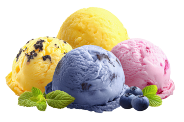 Set bundle of vibrant ice cream scoops with flavor cues transparent PNG