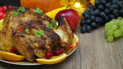 a woman is preparing a festive dinner at home. chicken with oranges. On the table there is pie and fruits, grapes, apples, pumpkin. Roasted Turkey. Thanksgiving table served . Christmas dinner