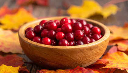 Fresh Cranberries in Wooden Bowl Surrounded by Autumn Leaves, Ripe Red Berries Close-up, Organic Fruit Harvest Concept, Rustic Seasonal Food, Healthy Nutrition and Thanksgiving Background