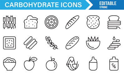 Editable carbohydrate icons of bread, pasta, pizza, fruit, and bakery foods in outline style