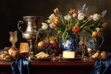 Dutch Golden Age Still Life with Tulips, Bread, Cheese, and Silverware