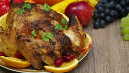 a woman is preparing a festive dinner at home. chicken with oranges. On the table there is pie and fruits, grapes, apples, pumpkin. Roasted Turkey. Thanksgiving table served . Christmas dinner