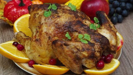 a woman is preparing a festive dinner at home. chicken with oranges. On the table there is pie and fruits, grapes, apples, pumpkin. Roasted Turkey. Thanksgiving table served . Christmas dinner