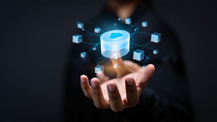 Hand holding glowing digital data network and central server