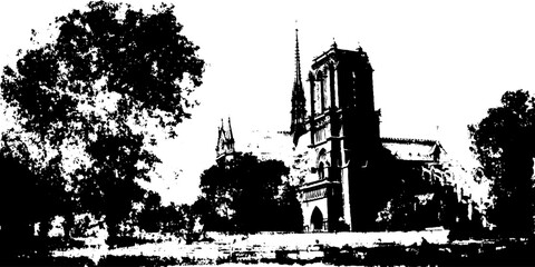 Obraz premium Gothic cathedral silhouette with tree in black ink for artistic design