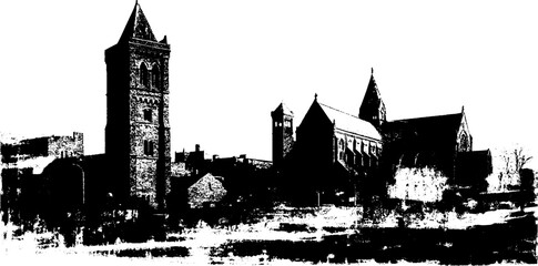 Obraz premium Gothic cathedral silhouette with black ink traces for urban art and design projects