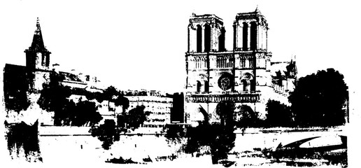 Gothic cathedral silhouette with urban landscape ink art for design