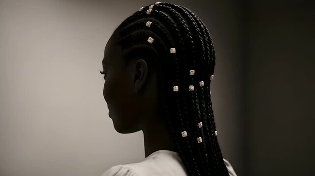 Elegant Black woman profile shows stylish braids, embellished hair, skincare beauty. Portrait for diversity, health, ethnic pride, fashion, positive representation, identity. 