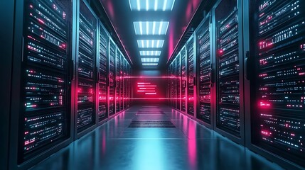Illuminated server room with rows of rack servers and neon lights, showcasing data storage, processing, and network infrastructure