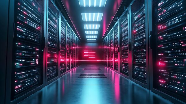 Illuminated server room with rows of rack servers and neon lights, showcasing data storage, processing, and network infrastructure