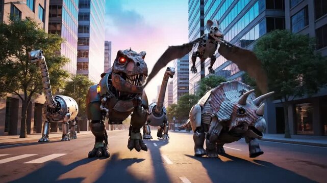 Mechanical dinosaurs roam city streets in futuristic robotic display bringing history alive with power