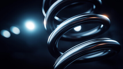 Macro shot of car suspension springs gleaming under bright lamps.